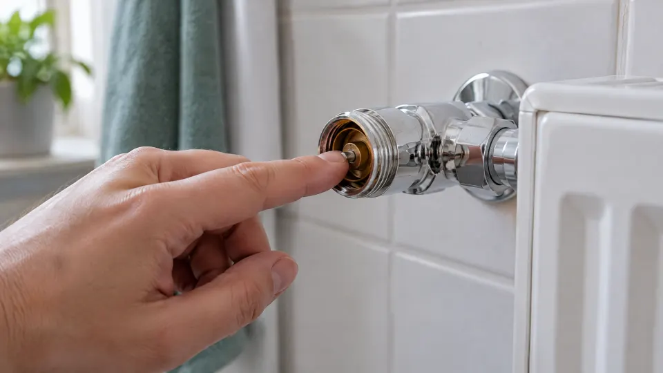 Finger drückt den Ventilstift eines verchromten Heizkörperventils ohne Thermostatkopf im gefliesten Bad