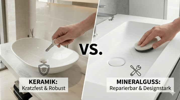 Keramik- oder Mineralguss-Waschbecken: Der Härte-Test - Keramik vs. Mineralguss Waschbecken: Was ist kratzfester &amp; besser?