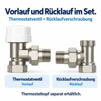 Thermostatventil-Set Eckform 1/2 Zoll mit Rücklaufverschraubung