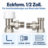 Thermostatventil-Set Eckform 1/2 Zoll mit Rücklaufverschraubung