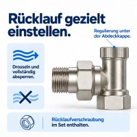 Thermostatventil-Set Eckform 1/2 Zoll mit Rücklaufverschraubung