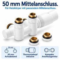 Ventilset Mittelanschluss 50 mm Dual Multiblock mit Thermostatkopf Weiß