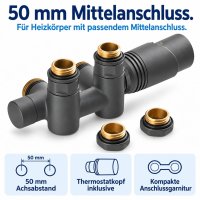 Ventilset Mittelanschluss 50 mm Dual Multiblock mit Thermostatkopf Anthrazit