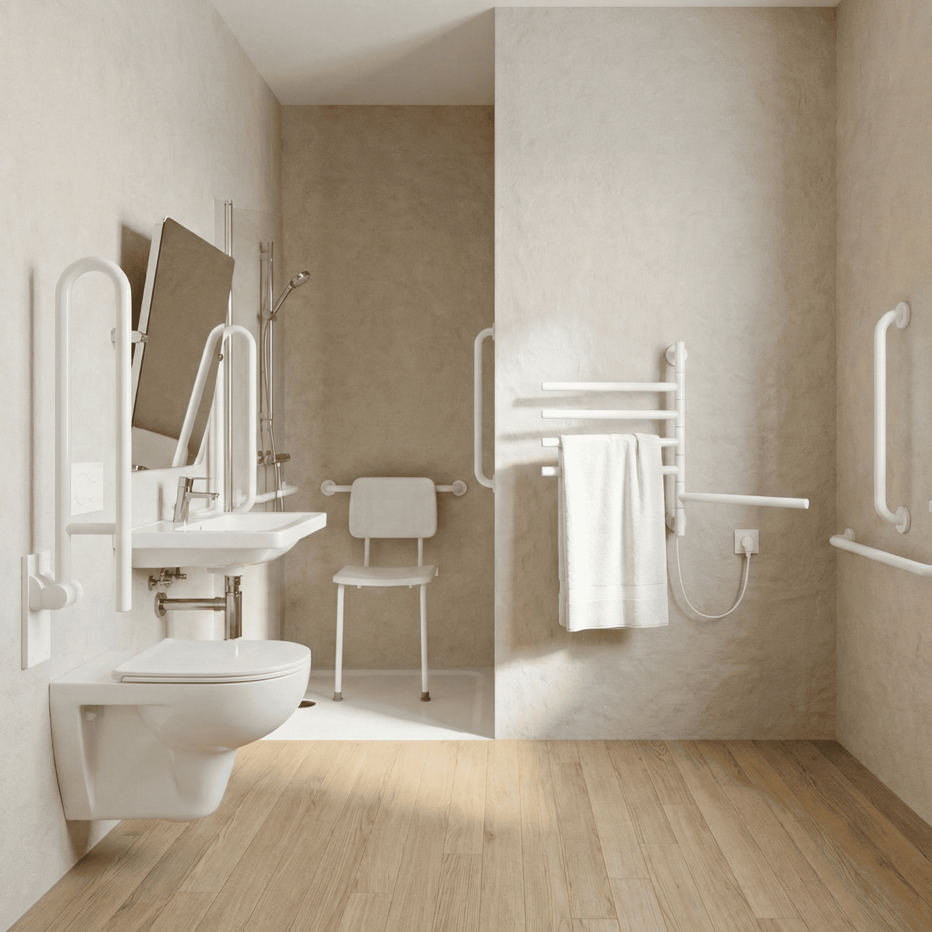 Barrierefreies Pflegebad mit Handtuchwärmer