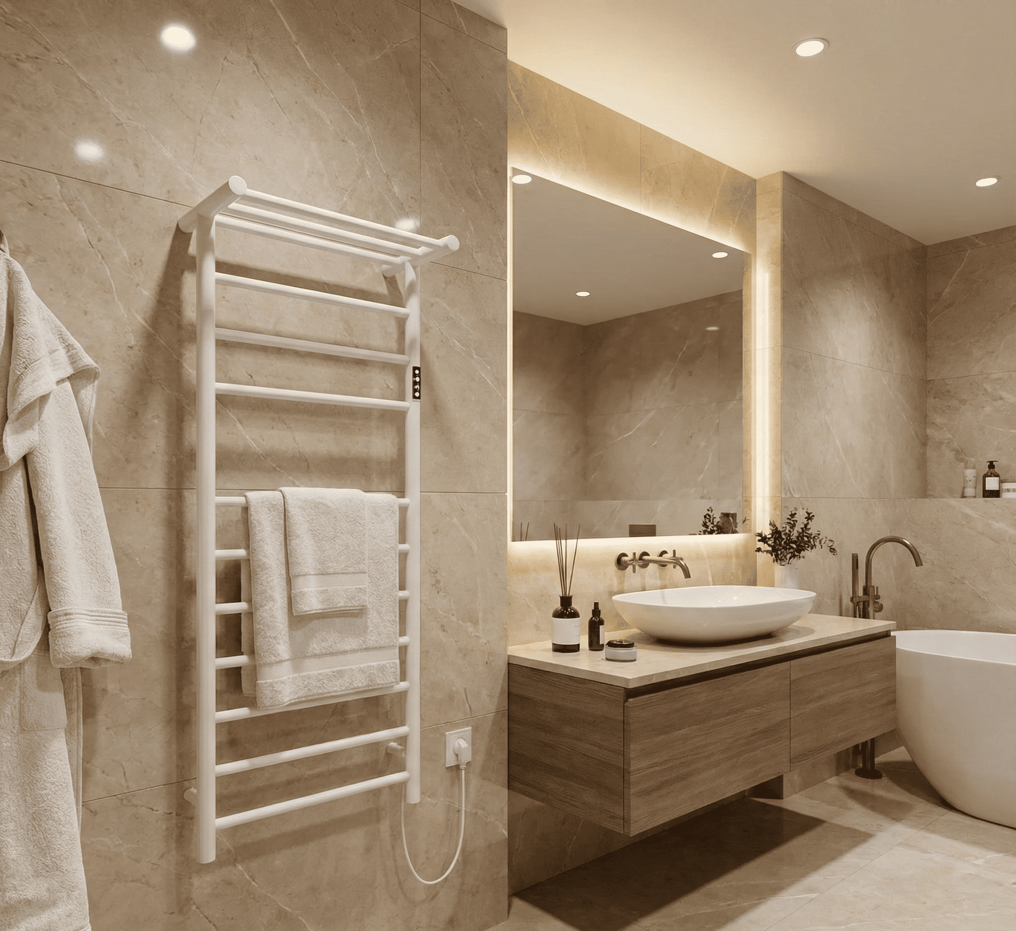 Moderner Handtuchwärmer elektrisch im Hotelbad