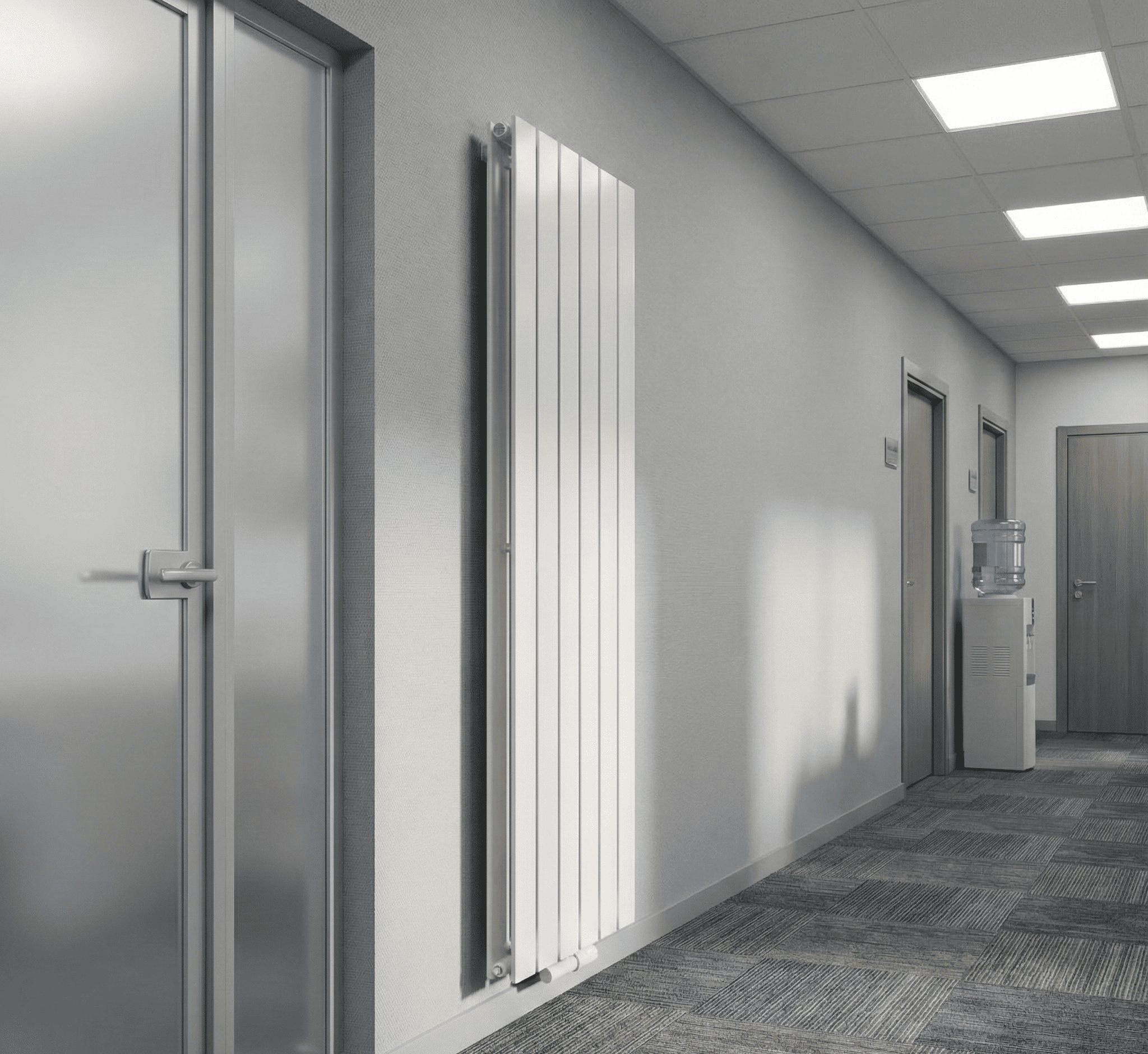 Moderner weißer Flurheizkörper im Büroflur