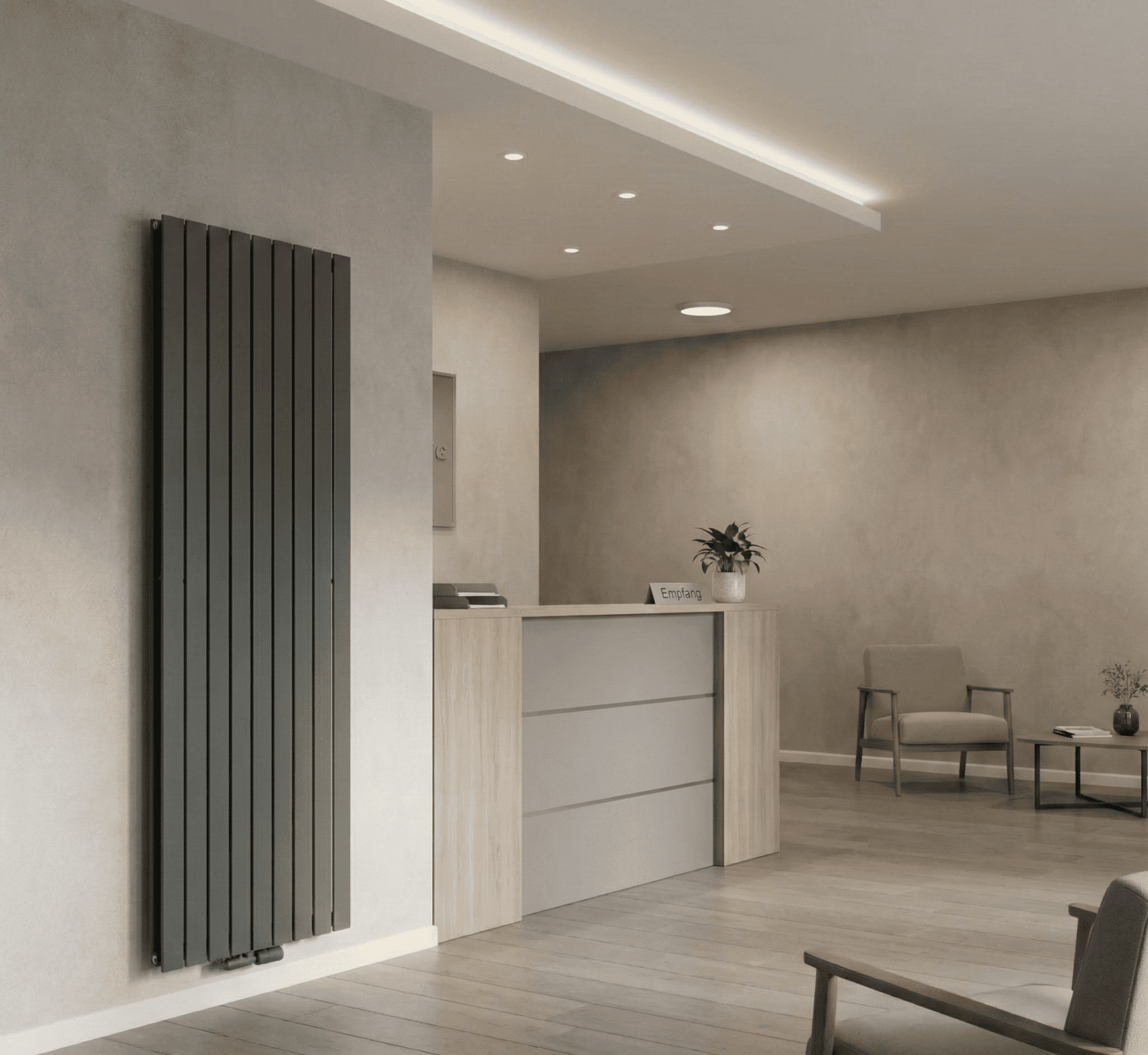 Wohnraumheizkörper Anthrazit in einer Hotellobby